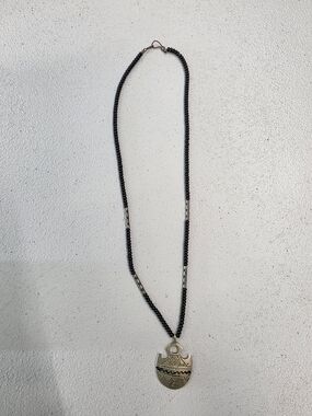 Handmade Tuareg Saharan berber Black Bead Necklace with Silver Shield Pendant